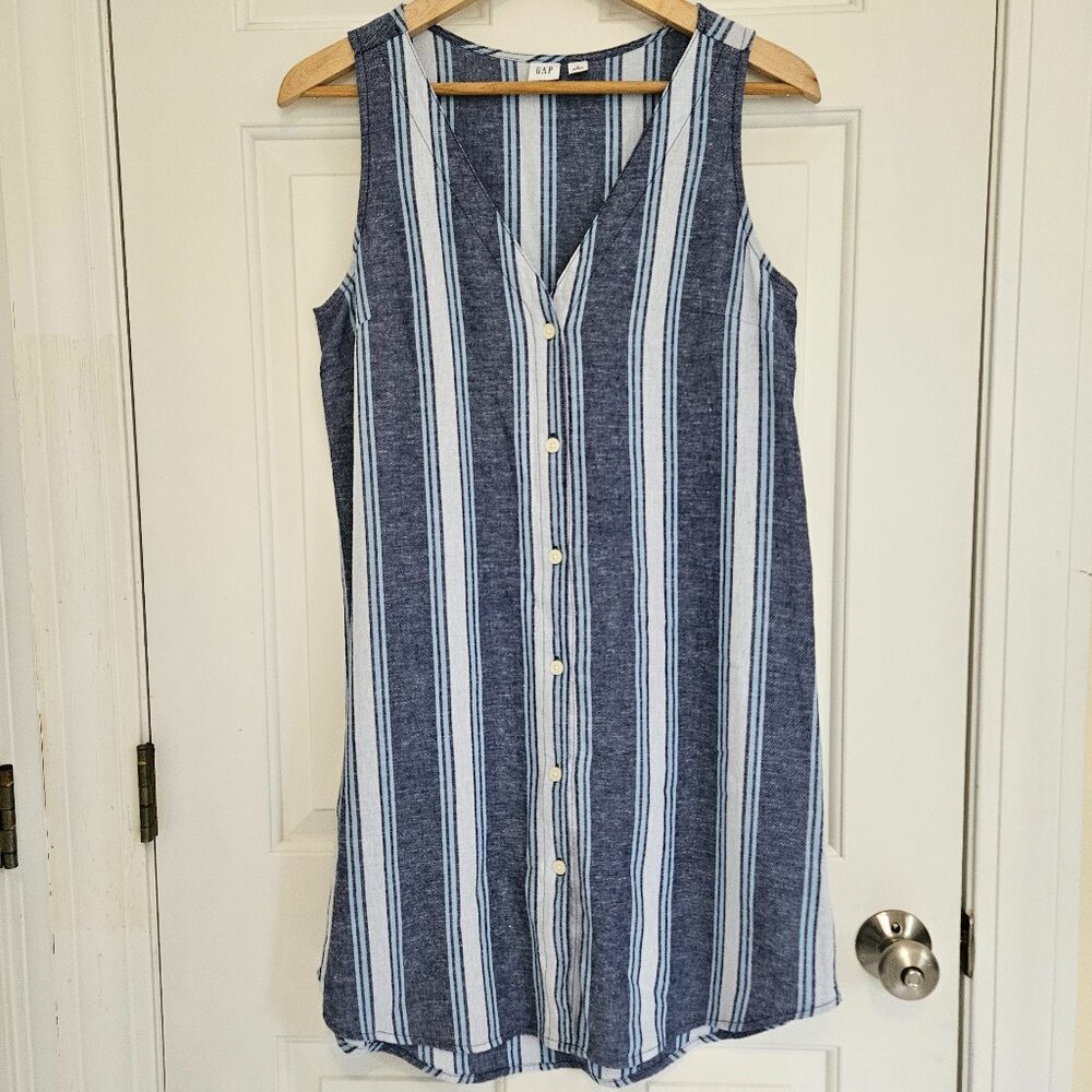 GAP Sz S Blue Stripe Button Front Shift Dress Sleeveless Lightweight Linen Blend